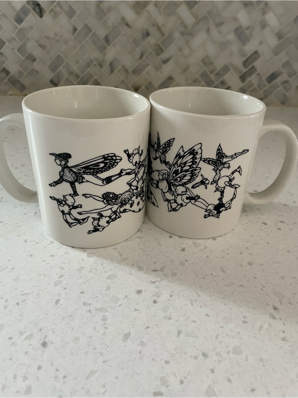 Vintage White Mugs w/ Black Fairy & Butterfly Illustrations Whimsical Set of 2